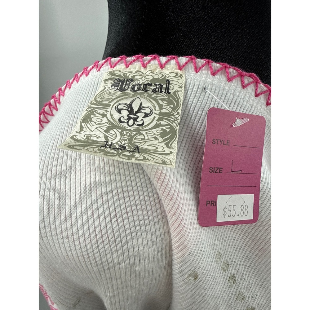 Vocal Womens Ribbed Tank Top White Pink Angel Wings Cross Rhinestone Y2K Large - Picture 8 of 8